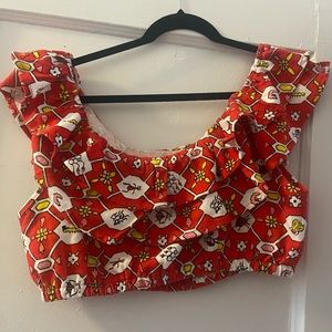 Red Bug Linen crop ruffle top, size L/XL
